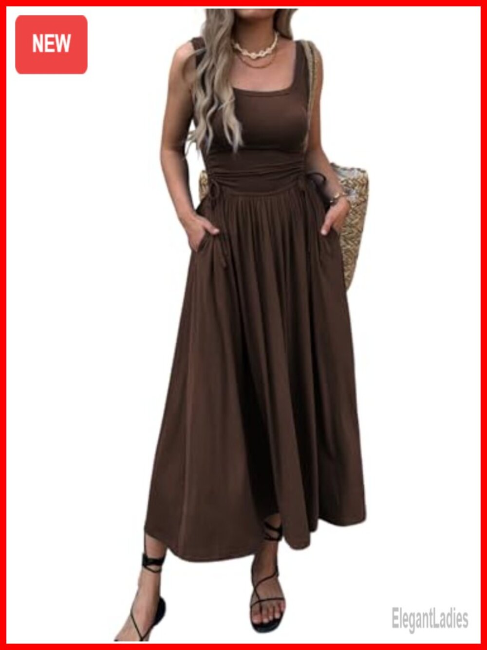 Women's Boho Sleeveless Maxi Dress with Pockets Adjustable Waist